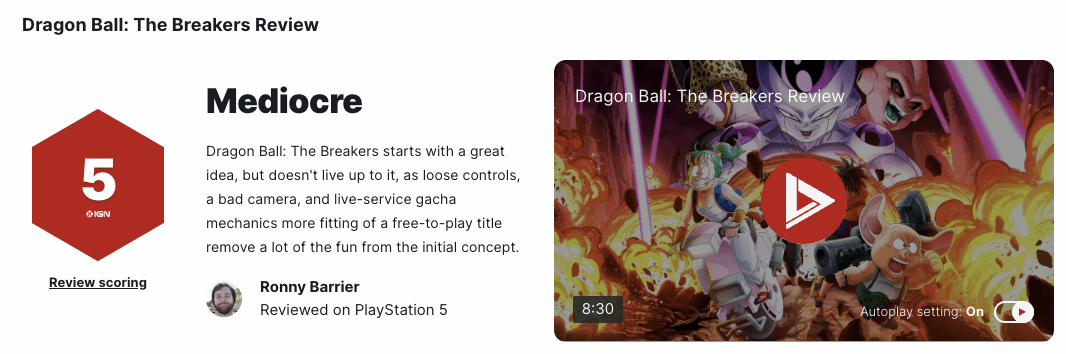 《七龙珠：破界斗士》IGN评分5分 眼高手低的作品