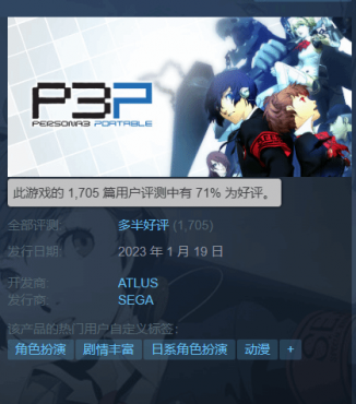 《女神异闻录3携带版》Steam好评率下滑 冷饭炒的不香