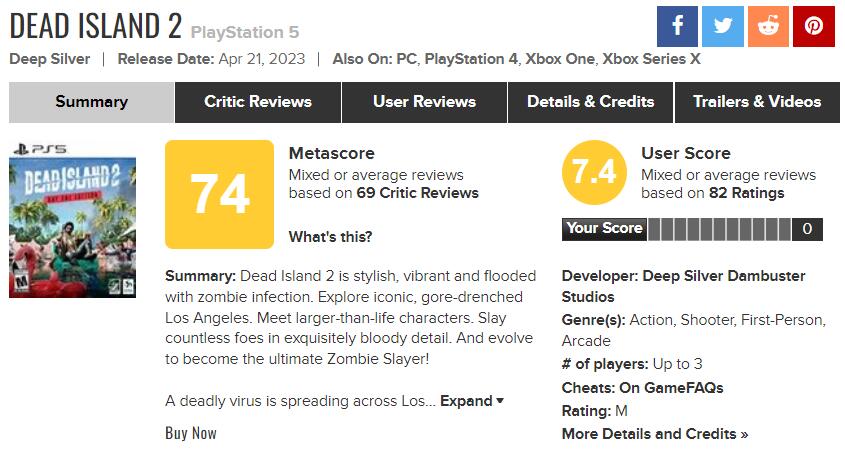 死亡岛2M站用户评分出炉：玩家认为比消光2好