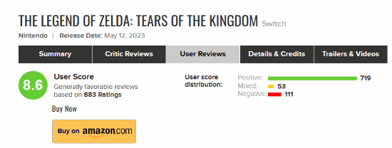 《塞尔达传说王国之泪》M站评分遭差评轰炸