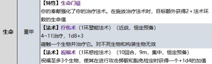 博德之门3牧师生命领域子职业技能大全(博德之门3牧师生命领域子职业技能说明)