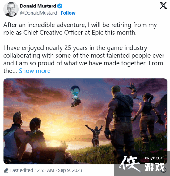 Epic首席创意官宣布离职：曾负责堡垒之夜的开发
